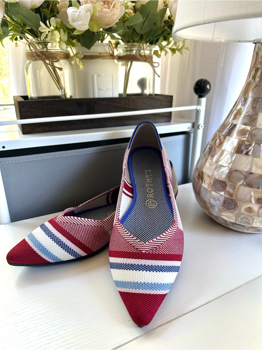 Rothy’s The Point Flats Women’s 10 Red White Blue Striped Knit Washable EUC